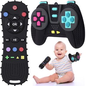 TIEDXIOY【BPA Free,CPC-Certified】 2 Pack Silicone Remote Control and Game Controller Teething Toys for Baby 3-12 Months, Silicone Chew Toys Baby Teether Toys for Toddlers, Boys, Girls, Baby's Gift in Kuwait