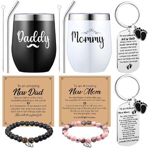 Mifoci Pregnancy Gifts for New Parents Include 2 Mommy and Daddy Tumbler Set, 2 Keychains, 2 Bead Bracelets New Parents Gifts for First Time Moms Dad to Be 1st Gift Fathers Mothers Day Baby Shower