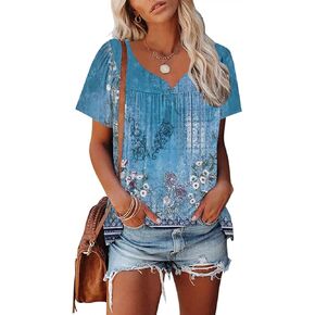 Womens Summer Tops 2024 Vacation Trendy Casual Pleated Tops Short Sleeve Shirts V Neck Loose Fit T Shirts Blouse