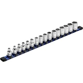 ARES 60043-3/8-Inch Drive Blue Aluminum Socket Organizer - Store up to 16 Sockets and Keep Your Tool Box Organized - Sockets Will Not Fall Off this Rail