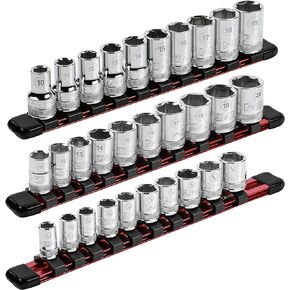 ARES 60079-3-Piece Red 9.84-Inch Aluminum Socket Rail Set - Includes 1/4-Inch, 3/8-Inch, and 1/2-Inch Drive Rails - Each Aluminum Rail Stores up to 10 Sockets
