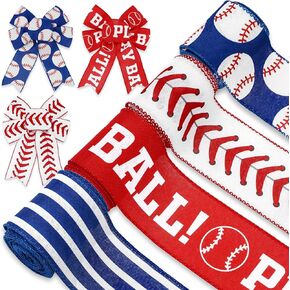 AnyDesign Baseball Wired Edge Ribbon 2.5 Inch Red Blue Craft Ribbon Wired Fabric Ribbon for Sport Events DIY Bow Wreath Wrapping Supplies, 24 Yards, 4 Rolls
