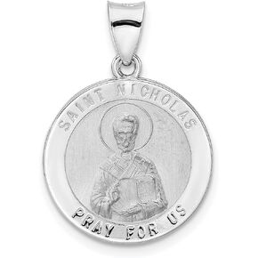 14k White Gold Polished and Satin Hollow St Nicholas Medal Pendant 18 mm x 19 mm