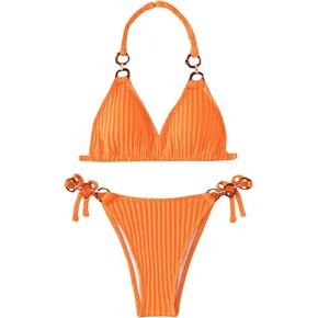 OYOANGLE Girl's Bikini Sets 2 Piece Textured Ring Linked Halter Swimsuit Tie Side Bathing Suit