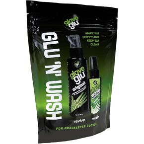 gloveglu Glu 'N' Wash Goalkeeper Glove Spray Bundle. Contains gloveglu 120ml Original Goalkeeper Grip Spray + glovegl 50m Premium Wash & Prepare Goalkeeper Glove Wash