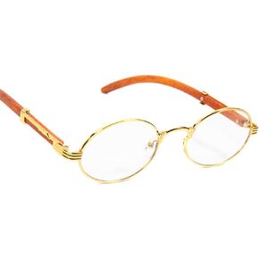 Classic Oval Red Wood Arm Vintage Narrow Nerd Retro 90's Circle Hip Hop Clear Tint Glasses Mens Womens Round Gold Frame Non Prescription Woodgrain Clear Lens Eye Glasses