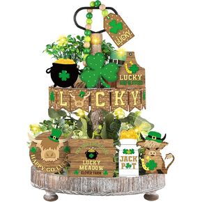 20 Pcs Highland Cow Tiered Tray Decor Set with LED Lights Wood Cow Sign Rustic Farmhouse Cow Table Centerpiece for Home Kitchen Table Shelf(Classic)