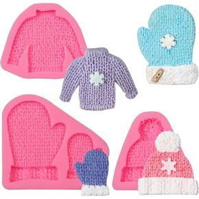 Knitting Sweater Clay Molds Siliocne, 3 Packs Christmas Hat Glove Chocolate Molds for Cake Decoration Cupcake Toppers for Christmas Baby Birthday Party, Resin Candy Polymer Clay