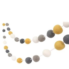 "Don't Worry, Be Happy" 7 ft long- Handmade Felt Ball Garland by Sheep Farm Felt- Mustard, Gray, and White Pom Pom Garland. 2.5 cm balls.