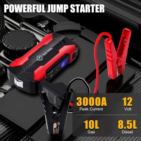 Car Jump Starter, 3000A Peak Car Battery Charger, 12V Jump Box Jumper Battery Pack (up to 10L Gas or 8.5L Diesel), Portable Charger, Emergency LED Light, Escape Safty Hammer, Compass in Saudi Arabia
