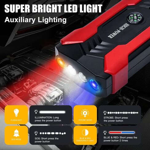Car Jump Starter, 3000A Peak Car Battery Charger, 12V Jump Box Jumper Battery Pack (up to 10L Gas or 8.5L Diesel), Portable Charger, Emergency LED Light, Escape Safty Hammer, Compass in Saudi Arabia