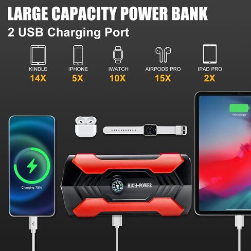 Car Jump Starter, 3000A Peak Car Battery Charger, 12V Jump Box Jumper Battery Pack (up to 10L Gas or 8.5L Diesel), Portable Charger, Emergency LED Light, Escape Safty Hammer, Compass in Saudi Arabia