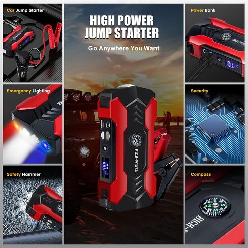 Car Jump Starter, 3000A Peak Car Battery Charger, 12V Jump Box Jumper Battery Pack (up to 10L Gas or 8.5L Diesel), Portable Charger, Emergency LED Light, Escape Safty Hammer, Compass in Saudi Arabia