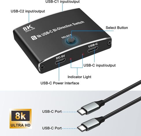 XMSJSIY USB C Type-C Switcher 1 in 2 Out/2 in 1 Out 8K@60Hz 4K@120Hz Type-C Bi-Directional Switch Selector Support 48Gbps Data Transmission with Type-C Cables for PC Monitor HDTV-1 PCS in Saudi Arabia