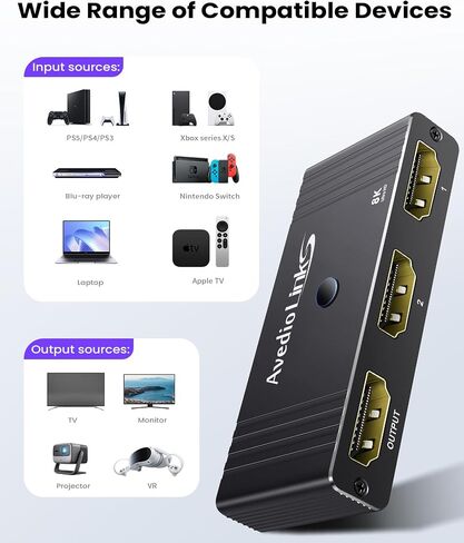 avedio links 8K HDMI 2.1 Switch 4K@120Hz, Bi-Directional 2 in 1 Out HDMI Splitter Switcher with Remote, 8K@60Hz Aluminum HDMI Splitter 1 in 2 Out 48Gbps Ultra HD Compatible with PS5 Xbox Fire Stick in Saudi Arabia