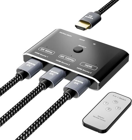 CABLEDECONN 3 Port HDMI 2.1 HDR 3In 1Out 8K Switcher with Remote Control Directional 8K@60Hz 4K@120Hz HDR 48Gbps 3D HDMI Video Converter Compatible with PS5 Xbox x HDMI TVs Monitors in Kuwait