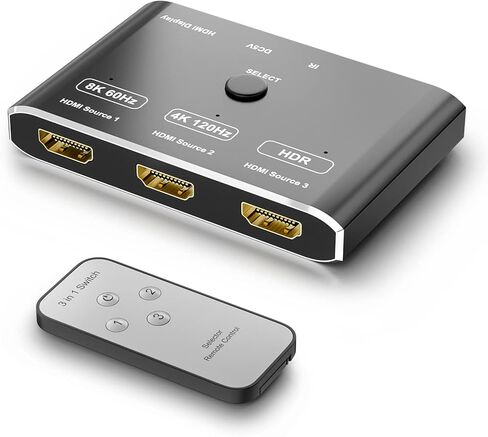 CABLEDECONN 3 Port HDMI 2.1 HDR 3In 1Out 8K Switcher with Remote Control Directional 8K@60Hz 4K@120Hz HDR 48Gbps 3D HDMI Video Converter Compatible with PS5 Xbox x HDMI TVs Monitors in Kuwait