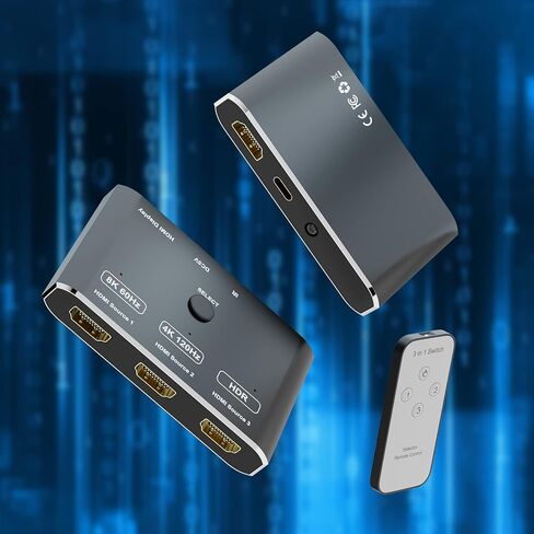 CABLEDECONN 3 Port HDMI 2.1 HDR 3In 1Out 8K Switcher with Remote Control Directional 8K@60Hz 4K@120Hz HDR 48Gbps 3D HDMI Video Converter Compatible with PS5 Xbox x HDMI TVs Monitors in Kuwait
