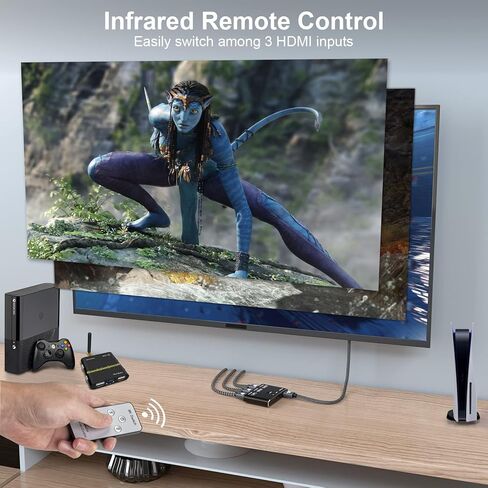 CABLEDECONN 3 Port HDMI 2.1 HDR 3In 1Out 8K Switcher with Remote Control Directional 8K@60Hz 4K@120Hz HDR 48Gbps 3D HDMI Video Converter Compatible with PS5 Xbox x HDMI TVs Monitors in Kuwait