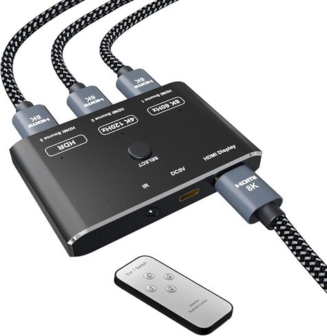 CABLEDECONN 3 Port HDMI 2.1 HDR 3In 1Out 8K Switcher with Remote Control Directional 8K@60Hz 4K@120Hz HDR 48Gbps 3D HDMI Video Converter Compatible with PS5 Xbox x HDMI TVs Monitors in Kuwait