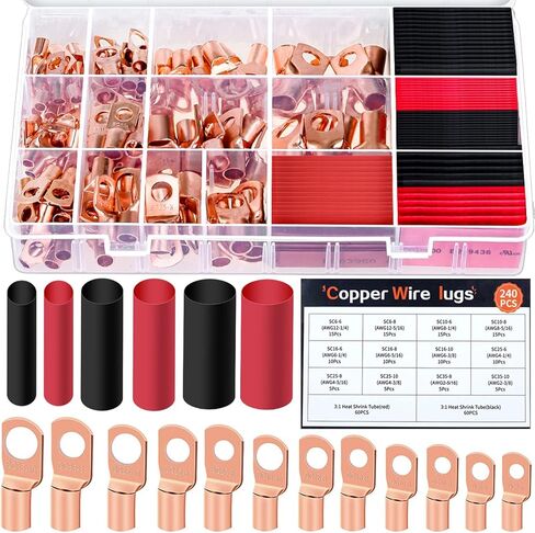 240 قطعة من عروات الأسلاك النحاسية مع مجموعة الانكماش الحراري AWG 2 4 6 8 10 12 مجموعة موصلات العروة الحلقية، سلك طرفي البطارية، 120 قطعة كابل عالي التحمل ينتهي 120 قطعة 3:1 أنابيب in Kuwait