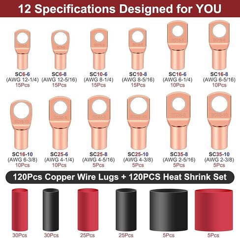 240 قطعة من عروات الأسلاك النحاسية مع مجموعة الانكماش الحراري AWG 2 4 6 8 10 12 مجموعة موصلات العروة الحلقية، سلك طرفي البطارية، 120 قطعة كابل عالي التحمل ينتهي 120 قطعة 3:1 أنابيب in Kuwait