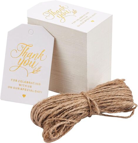 GLOBLELAND 200 Pcs Thank You Gift Tags Gold Foil Paper Gift Tags with 65.6ft Natural Jute Twine for Wedding Favors, Party Decor in Saudi Arabia
