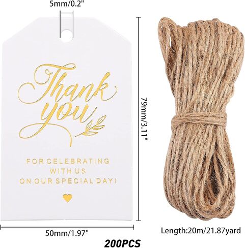 GLOBLELAND 200 Pcs Thank You Gift Tags Gold Foil Paper Gift Tags with 65.6ft Natural Jute Twine for Wedding Favors, Party Decor in Saudi Arabia