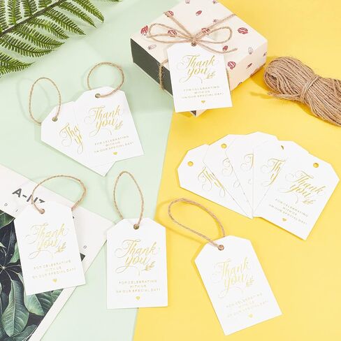 GLOBLELAND 200 Pcs Thank You Gift Tags Gold Foil Paper Gift Tags with 65.6ft Natural Jute Twine for Wedding Favors, Party Decor in Saudi Arabia