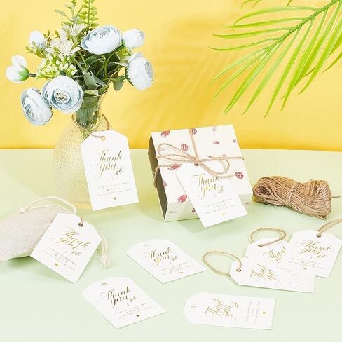 GLOBLELAND 200 Pcs Thank You Gift Tags Gold Foil Paper Gift Tags with 65.6ft Natural Jute Twine for Wedding Favors, Party Decor in Saudi Arabia