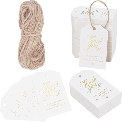 GLOBLELAND 200 Pcs Thank You Gift Tags Gold Foil Paper Gift Tags with 65.6ft Natural Jute Twine for Wedding Favors, Party Decor in Saudi Arabia