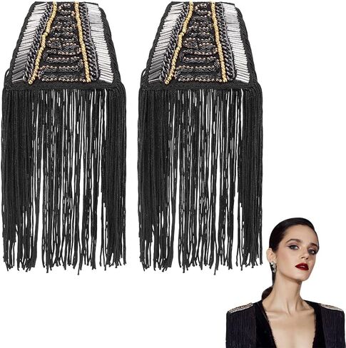 2 PCS Fringe Shoulder Pieces Tassel Chain Rhinestones Punk Fringe Shoulder Boards Badge Black Shoulder Patches Tassel Chain Suit Crystal Epaulet Fringe Shoulder Badge for Dance Punk Costume in Saudi Arabia