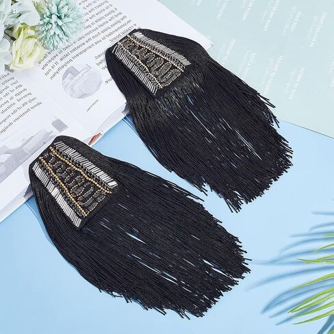 2 PCS Fringe Shoulder Pieces Tassel Chain Rhinestones Punk Fringe Shoulder Boards Badge Black Shoulder Patches Tassel Chain Suit Crystal Epaulet Fringe Shoulder Badge for Dance Punk Costume in Saudi Arabia