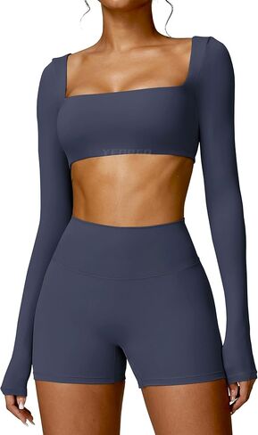 YEOREO Kyla Women Crop Top Long Sleeve Padded Sports Low Medium Impact Yoga Shirt Workout Navy S in Saudi Arabia