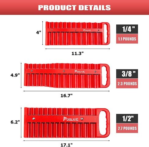 مجموعة حامل المقبس المغناطيسي، منظم المقبس المغناطيسي لمحرك 1/4 بوصة، 3/8 بوصة، و1/2 بوصة، يحمل مقابس قياسية وعميقة، يتصل بالجدار المعدني، منظم صندوق الأدوات، مجموعة من 3 قطع، أحمر in Kuwait