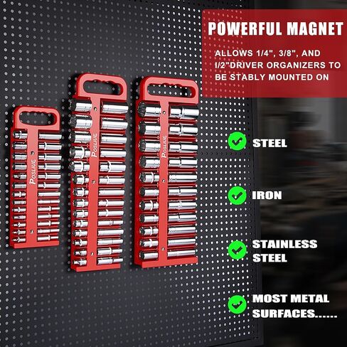 مجموعة حامل المقبس المغناطيسي، منظم المقبس المغناطيسي لمحرك 1/4 بوصة، 3/8 بوصة، و1/2 بوصة، يحمل مقابس قياسية وعميقة، يتصل بالجدار المعدني، منظم صندوق الأدوات، مجموعة من 3 قطع، أحمر in Kuwait