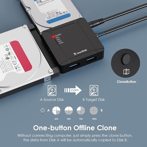 WAVLINK USB 3.0 to Dual Bay SATA Adapter, External 2.5" 3.5'' SATA Hard Drive Connector with 2 USB3.0 Ports and Offline Cloning Function for Files Transfer&Backup(2x18TB&UASP Supported) in Saudi Arabia