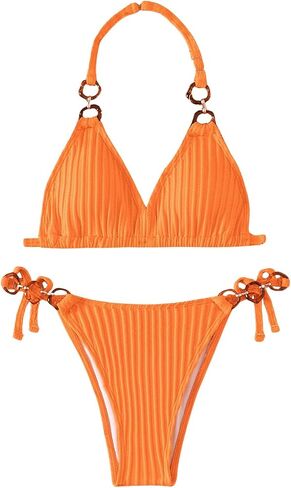 OYOANGLE Girl's Bikini Sets 2 Piece Textured Ring Linked Halter Swimsuit Tie Side Bathing Suit in Saudi Arabia