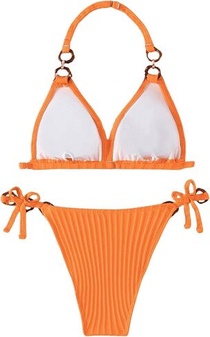 OYOANGLE Girl's Bikini Sets 2 Piece Textured Ring Linked Halter Swimsuit Tie Side Bathing Suit in Saudi Arabia