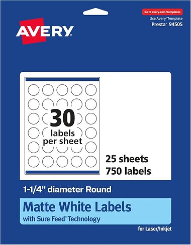 Avery Matte White Round Labels with Sure Feed, 1.25" Diameter, 1,500 Matte White Printable Labels in Saudi Arabia