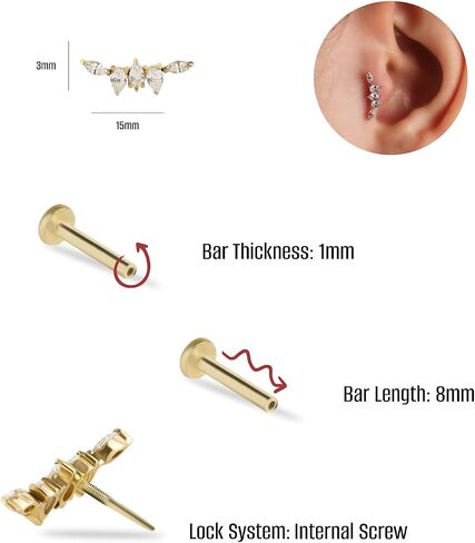 حلق ثقب الغضروف Climber Labret مع الزركون - الذهب الأصفر الخالص عيار 14 قيراط - من أجل Helix Tragus Lobe Conch Flat وغيرها من ثقب الجسم من KORAL JEWELRY in Saudi Arabia