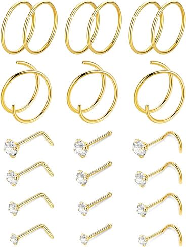 21 قطعة 18 جرام 20 جرام 22 جرام 14 قيراط حلقات أنف مملوءة بالذهب للنساء والرجال حلقة أنف مزدوجة هوب مقلد الماس تشيكوسلوفاكيا الأنف مسمار هيبوالرجينيك 316L الفولاذ المقاوم للصدأ ثقب الأنف مجوهرات in Kuwait