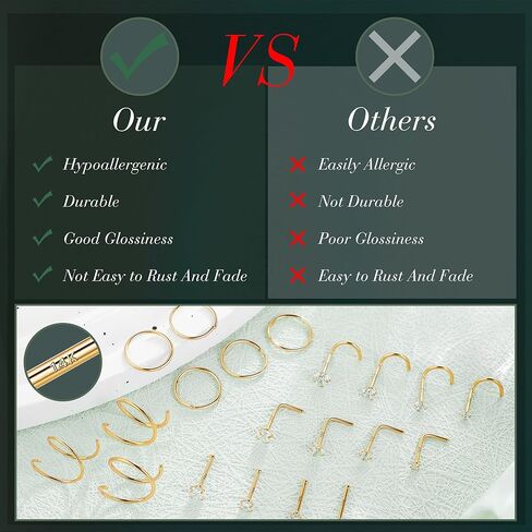 21 قطعة 18 جرام 20 جرام 22 جرام 14 قيراط حلقات أنف مملوءة بالذهب للنساء والرجال حلقة أنف مزدوجة هوب مقلد الماس تشيكوسلوفاكيا الأنف مسمار هيبوالرجينيك 316L الفولاذ المقاوم للصدأ ثقب الأنف مجوهرات in Kuwait