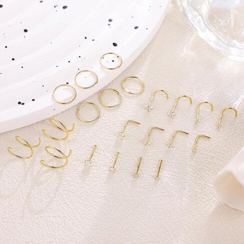 21 قطعة 18 جرام 20 جرام 22 جرام 14 قيراط حلقات أنف مملوءة بالذهب للنساء والرجال حلقة أنف مزدوجة هوب مقلد الماس تشيكوسلوفاكيا الأنف مسمار هيبوالرجينيك 316L الفولاذ المقاوم للصدأ ثقب الأنف مجوهرات in Kuwait