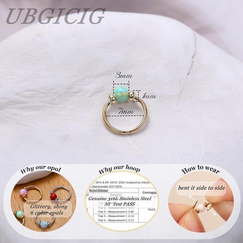 UBGICIG Opal Thin Nose Rings Hoops - 24G/20G 316L Surgical Steel Nose Piercing Jewelry Pink/Blue/White/Red/Purple 7mm Silver/Gold in Saudi Arabia