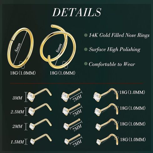 21 قطعة 18 جرام 20 جرام 22 جرام 14 قيراط حلقات أنف مملوءة بالذهب للنساء والرجال حلقة أنف مزدوجة هوب مقلد الماس تشيكوسلوفاكيا الأنف مسمار هيبوالرجينيك 316L الفولاذ المقاوم للصدأ ثقب الأنف مجوهرات in Kuwait