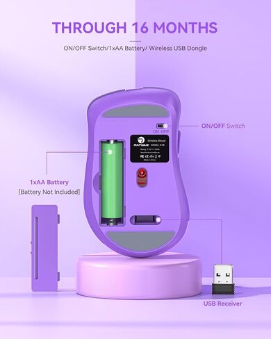 RAPIQUE 2.4G Wireless Mouse,USB Receiver & Type-C Adapter,Purple in Kuwait