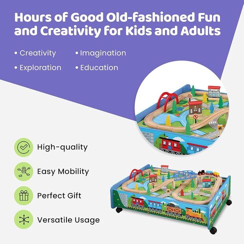 مجموعة قطارات خشبية مكونة من 62 قطعة مع طاولة أنشطة وصندوق تخزين، ومسار قطار خشبي، وجسر سفلي، ومحرك وسيارة، وغيرها من ملحقات السكك الحديدية، متوافقة مع جميع العلامات التجارية الكبرى in Kuwait