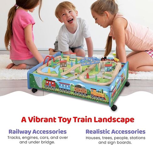 مجموعة قطارات خشبية مكونة من 62 قطعة مع طاولة أنشطة وصندوق تخزين، ومسار قطار خشبي، وجسر سفلي، ومحرك وسيارة، وغيرها من ملحقات السكك الحديدية، متوافقة مع جميع العلامات التجارية الكبرى in Kuwait