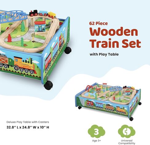 مجموعة قطارات خشبية مكونة من 62 قطعة مع طاولة أنشطة وصندوق تخزين، ومسار قطار خشبي، وجسر سفلي، ومحرك وسيارة، وغيرها من ملحقات السكك الحديدية، متوافقة مع جميع العلامات التجارية الكبرى in Kuwait
